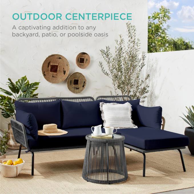 vida al aire libre | Best Choice Products Conjunto de sofá seccional tejido con cuerda en forma de L con tumbona desmontable y mesa gris/azul marino08BN404