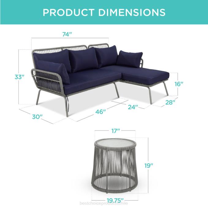 vida al aire libre | Best Choice Products Conjunto de sofá seccional tejido con cuerda en forma de L con tumbona desmontable y mesa gris/azul marino08BN404