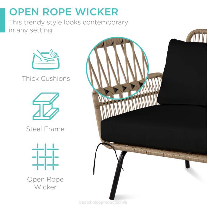 vida al aire libre | Best Choice Products Conjunto de sofá seccional tejido con cuerda en forma de L con tumbona desmontable y mesa natural/negro08BN405