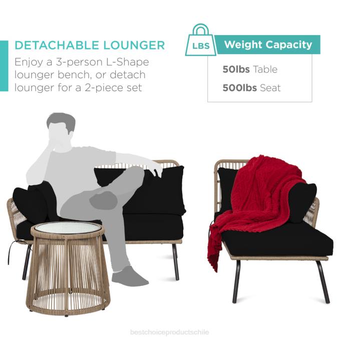 vida al aire libre | Best Choice Products Conjunto de sofá seccional tejido con cuerda en forma de L con tumbona desmontable y mesa natural/negro08BN405