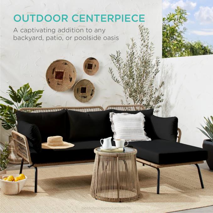 vida al aire libre | Best Choice Products Conjunto de sofá seccional tejido con cuerda en forma de L con tumbona desmontable y mesa natural/negro08BN405
