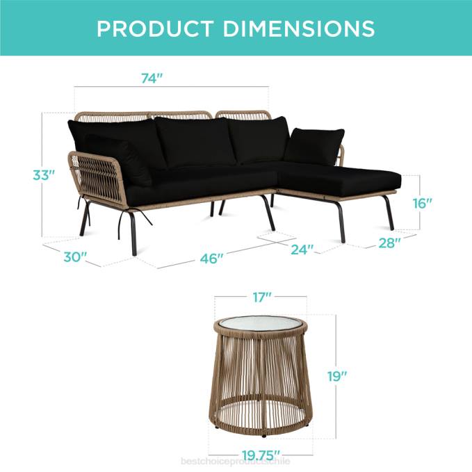 vida al aire libre | Best Choice Products Conjunto de sofá seccional tejido con cuerda en forma de L con tumbona desmontable y mesa natural/negro08BN405