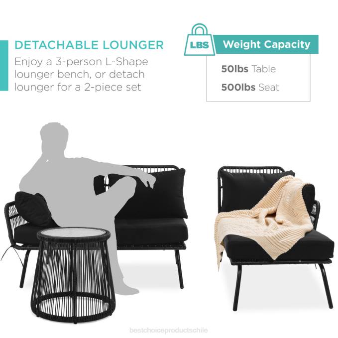 vida al aire libre | Best Choice Products Conjunto de sofá seccional tejido con cuerda en forma de L con tumbona desmontable y mesa negro08BN403