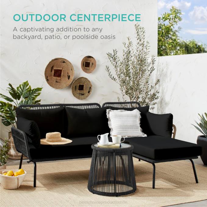 vida al aire libre | Best Choice Products Conjunto de sofá seccional tejido con cuerda en forma de L con tumbona desmontable y mesa negro08BN403