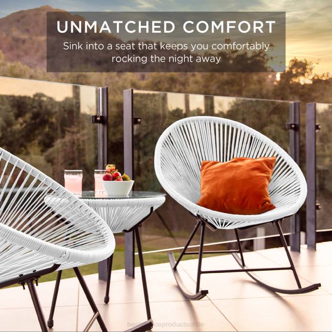 vida al aire libre | Best Choice Products Juego de bistró con mecedora Acapulco de cuerda tejida para patio de 3 piezas blanco08BN1418