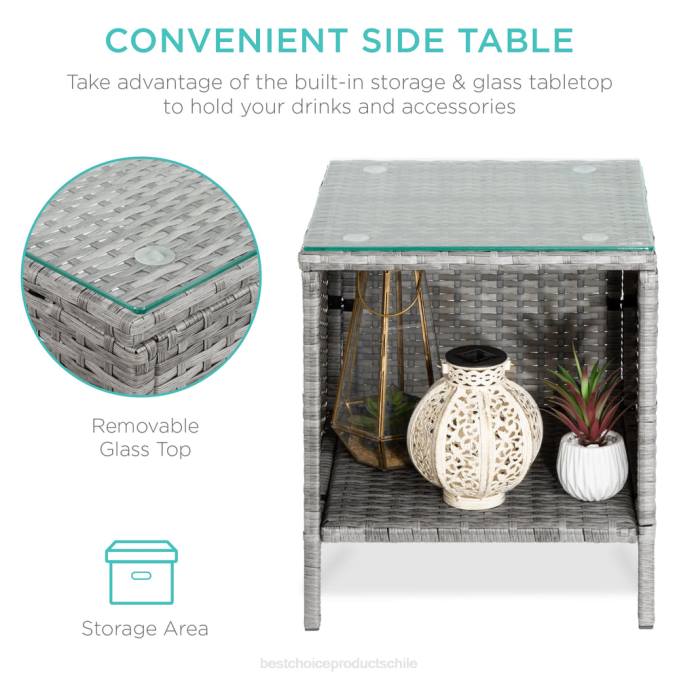 vida al aire libre | Best Choice Products Juego de bistró de mimbre para patio exterior de 3 piezas con mesa lateral de almacenamiento gris/azul marino08BN1311