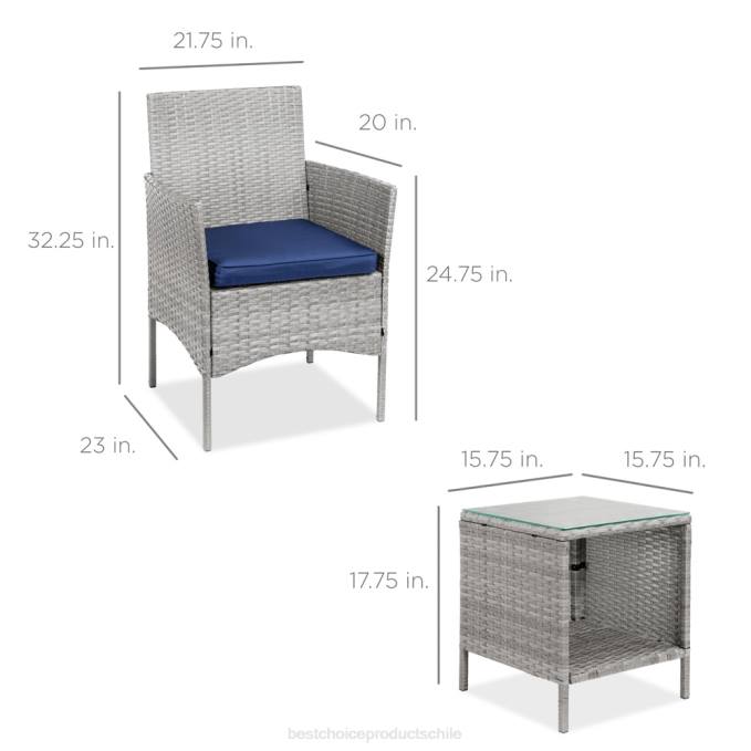 vida al aire libre | Best Choice Products Juego de bistró de mimbre para patio exterior de 3 piezas con mesa lateral de almacenamiento gris/azul marino08BN1311