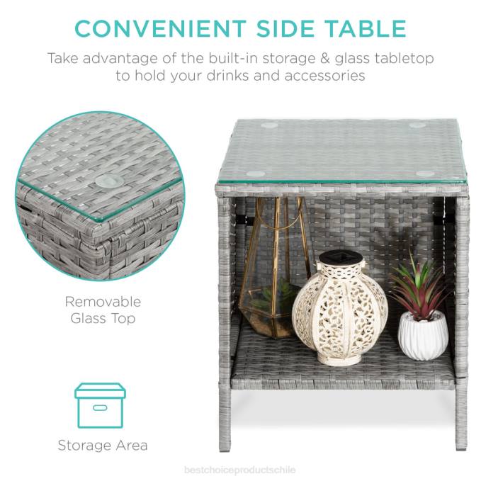 vida al aire libre | Best Choice Products Juego de bistró de mimbre para patio exterior de 3 piezas con mesa lateral de almacenamiento gris negro08BN1314