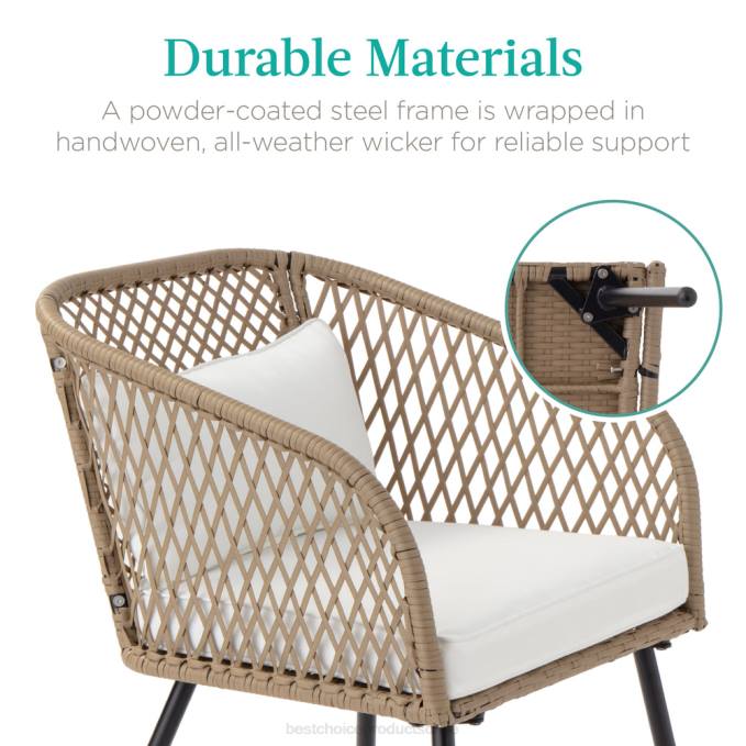 vida al aire libre | Best Choice Products Juego de bistró de mimbre tejido en forma de diamante para exteriores de 3 piezas con mesa auxiliar de vidrio templado Marfil08BN1446