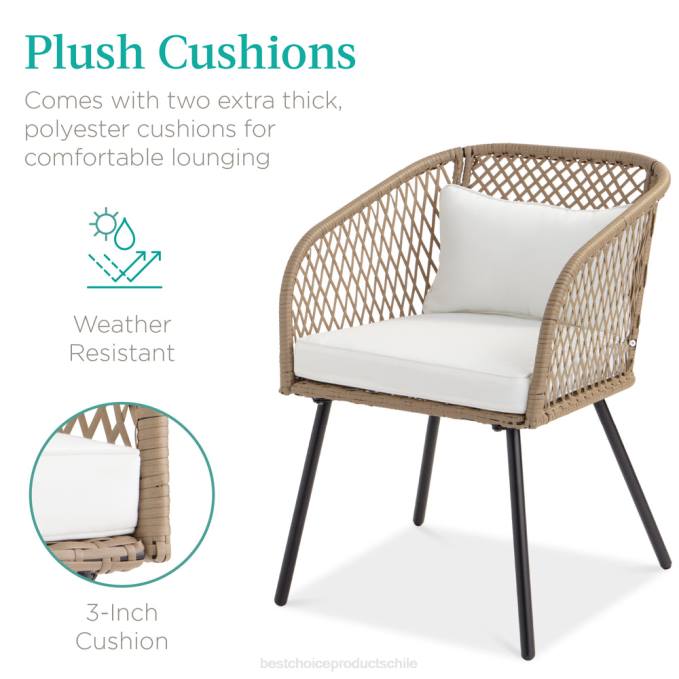 vida al aire libre | Best Choice Products Juego de bistró de mimbre tejido en forma de diamante para exteriores de 3 piezas con mesa auxiliar de vidrio templado Marfil08BN1446