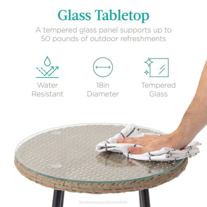 vida al aire libre | Best Choice Products Juego de bistró de mimbre tejido en forma de diamante para exteriores de 3 piezas con mesa auxiliar de vidrio templado Marfil08BN1446