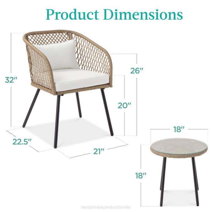 vida al aire libre | Best Choice Products Juego de bistró de mimbre tejido en forma de diamante para exteriores de 3 piezas con mesa auxiliar de vidrio templado Marfil08BN1446