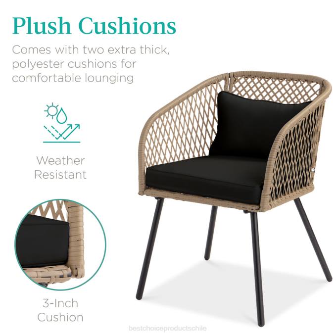 vida al aire libre | Best Choice Products Juego de bistró de mimbre tejido en forma de diamante para exteriores de 3 piezas con mesa auxiliar de vidrio templado negro08BN1445