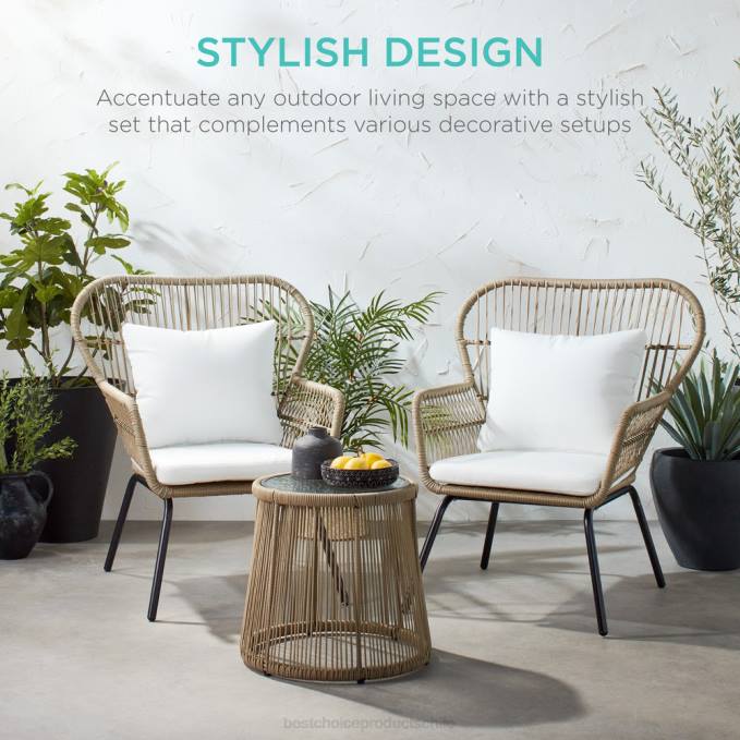 vida al aire libre | Best Choice Products Juego de bistro de conversación de mimbre para patio de 3 piezas con 2 sillas y mesa con tapa de vidrio broncearse08BN1349