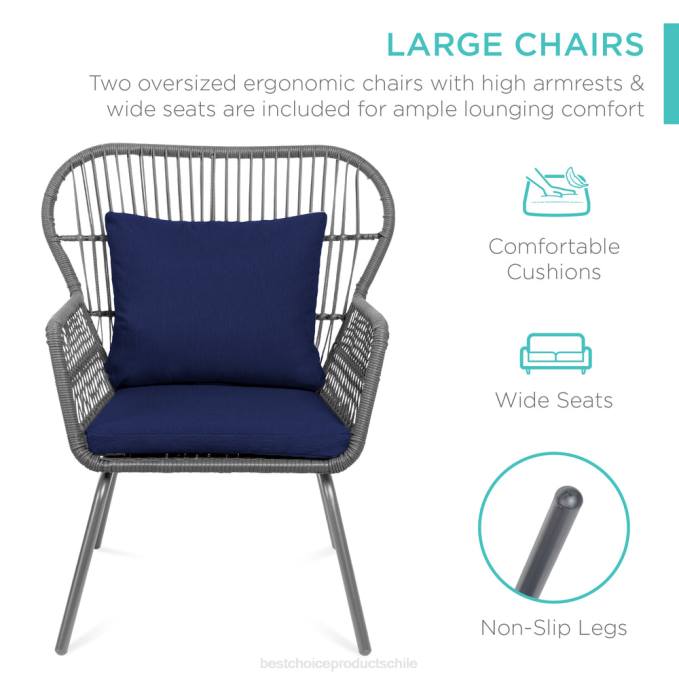 vida al aire libre | Best Choice Products Juego de bistro de conversación de mimbre para patio de 3 piezas con 2 sillas y mesa con tapa de vidrio gris/azul marino08BN1351
