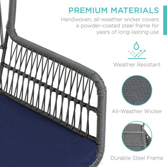 vida al aire libre | Best Choice Products Juego de bistro de conversación de mimbre para patio de 3 piezas con 2 sillas y mesa con tapa de vidrio gris/azul marino08BN1351