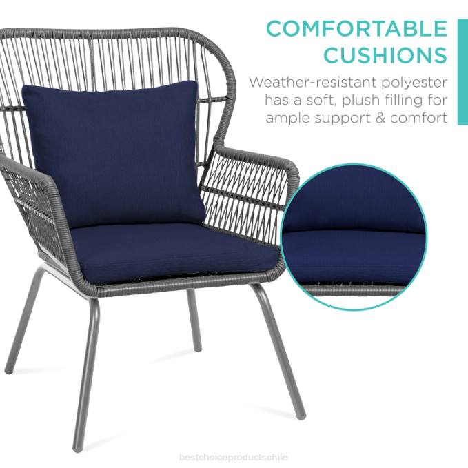 vida al aire libre | Best Choice Products Juego de bistro de conversación de mimbre para patio de 3 piezas con 2 sillas y mesa con tapa de vidrio gris/azul marino08BN1351