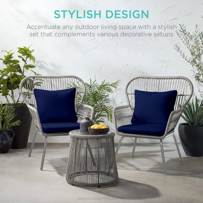 vida al aire libre | Best Choice Products Juego de bistro de conversación de mimbre para patio de 3 piezas con 2 sillas y mesa con tapa de vidrio gris/azul marino08BN1351