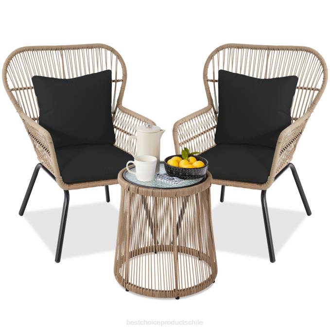vida al aire libre | Best Choice Products Juego de bistro de conversación de mimbre para patio de 3 piezas con 2 sillas y mesa con tapa de vidrio natural/negro08BN1352