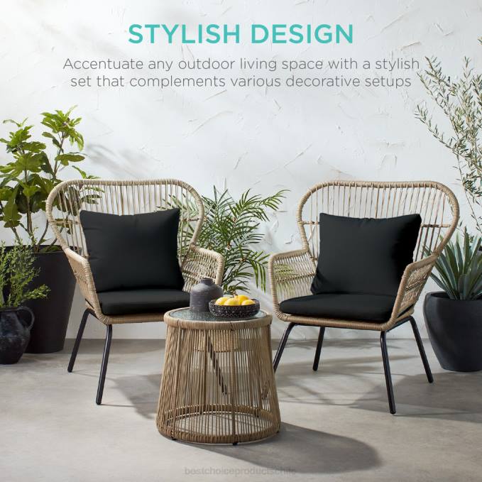 vida al aire libre | Best Choice Products Juego de bistro de conversación de mimbre para patio de 3 piezas con 2 sillas y mesa con tapa de vidrio natural/negro08BN1352
