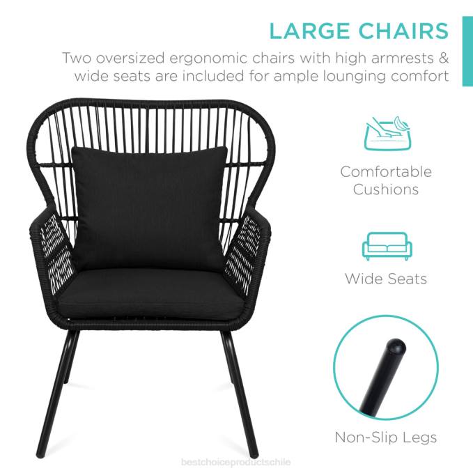 vida al aire libre | Best Choice Products Juego de bistro de conversación de mimbre para patio de 3 piezas con 2 sillas y mesa con tapa de vidrio negro08BN1350