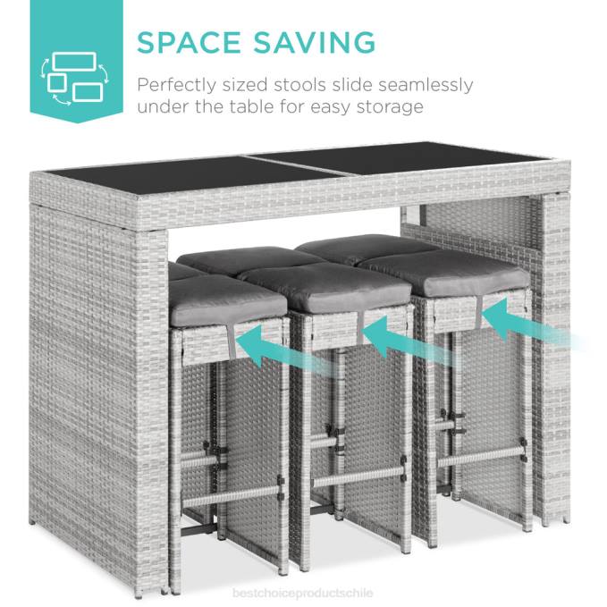 vida al aire libre | Best Choice Products Juego de comedor de patio con barra de mimbre de 7 piezas con mesa de vidrio y 6 taburetes gris08BN1392