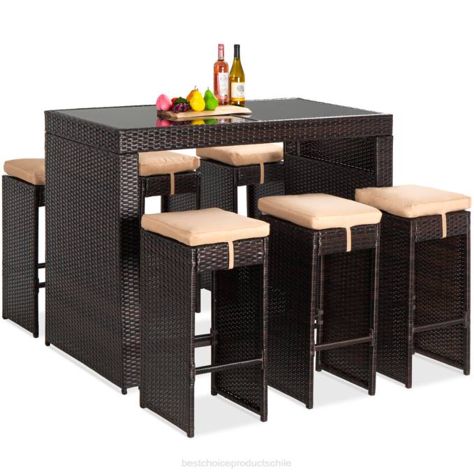 vida al aire libre | Best Choice Products Juego de comedor de patio con barra de mimbre de 7 piezas con mesa de vidrio y 6 taburetes marrón08BN1394