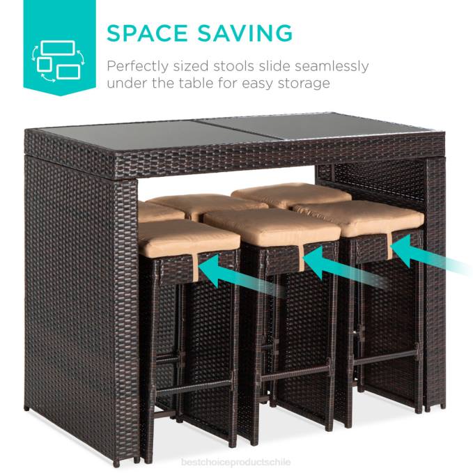 vida al aire libre | Best Choice Products Juego de comedor de patio con barra de mimbre de 7 piezas con mesa de vidrio y 6 taburetes marrón08BN1394