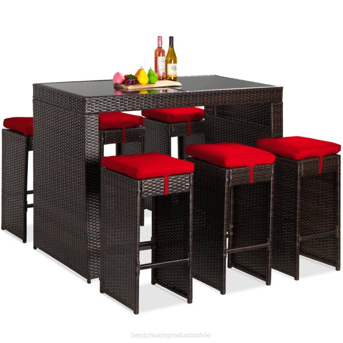 vida al aire libre | Best Choice Products Juego de comedor de patio con barra de mimbre de 7 piezas con mesa de vidrio y 6 taburetes rojo08BN1391