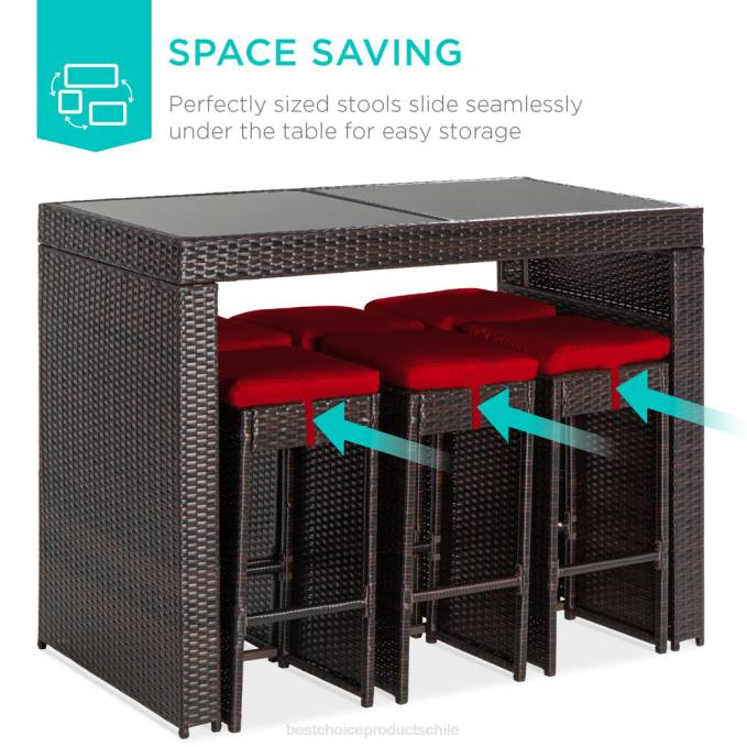 vida al aire libre | Best Choice Products Juego de comedor de patio con barra de mimbre de 7 piezas con mesa de vidrio y 6 taburetes rojo08BN1391