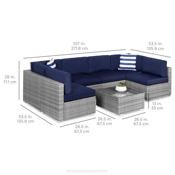 vida al aire libre | Best Choice Products Juego de conversación seccional modular de mimbre de 7 piezas con 2 almohadas y funda gris/azul marino08BN1304