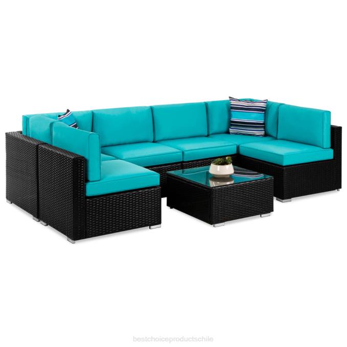 vida al aire libre | Best Choice Products Juego de conversación seccional modular de mimbre de 7 piezas con 2 almohadas y funda negro/verde azulado08BN1308