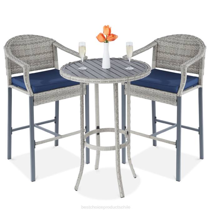 vida al aire libre | Best Choice Products Juego de mesa y bar de mimbre para bistró al aire libre de 3 piezas con taburetes y reposapiés gris/azul08BN1398