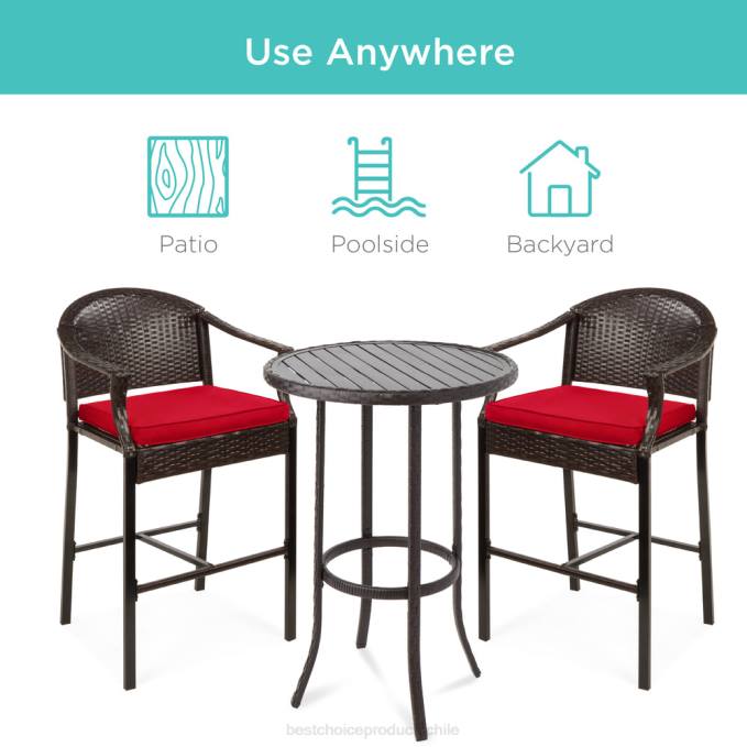 vida al aire libre | Best Choice Products Juego de mesa y bar de mimbre para bistró al aire libre de 3 piezas con taburetes y reposapiés rojo08BN1397