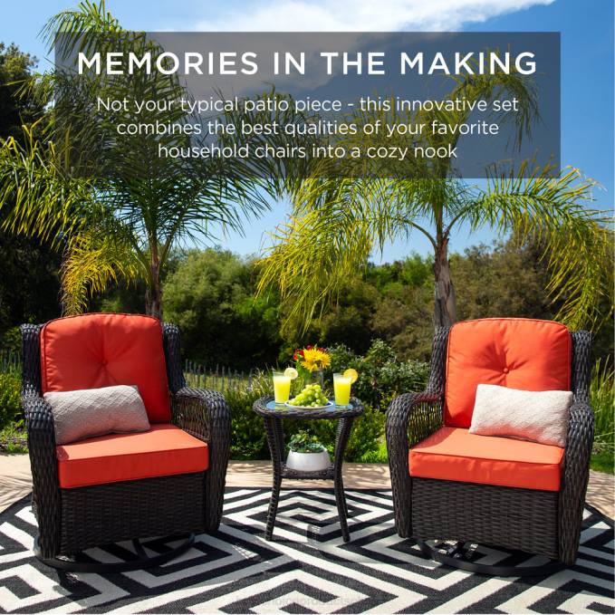 vida al aire libre | Best Choice Products Juego de muebles de bistró de mimbre para patio de 3 piezas con 2 mecedoras giratorias y mesa óxido08BN1406