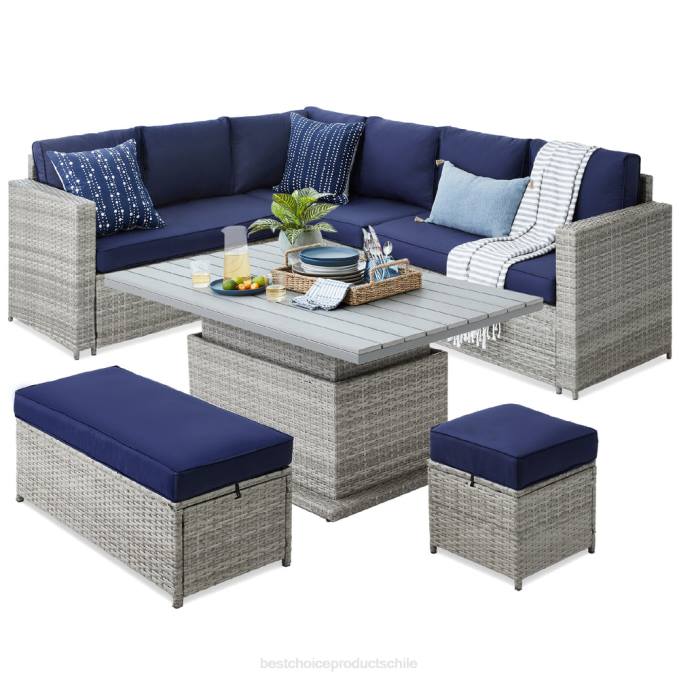 vida al aire libre | Best Choice Products Juego de muebles de jardín de mimbre de 6 piezas con mesa de comedor ajustable en altura gris/azul marino08BN428