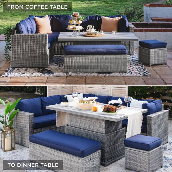 vida al aire libre | Best Choice Products Juego de muebles de jardín de mimbre de 6 piezas con mesa de comedor ajustable en altura gris/azul marino08BN428