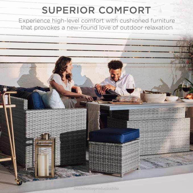 vida al aire libre | Best Choice Products Juego de muebles de jardín de mimbre de 6 piezas con mesa de comedor ajustable en altura gris/azul marino08BN428
