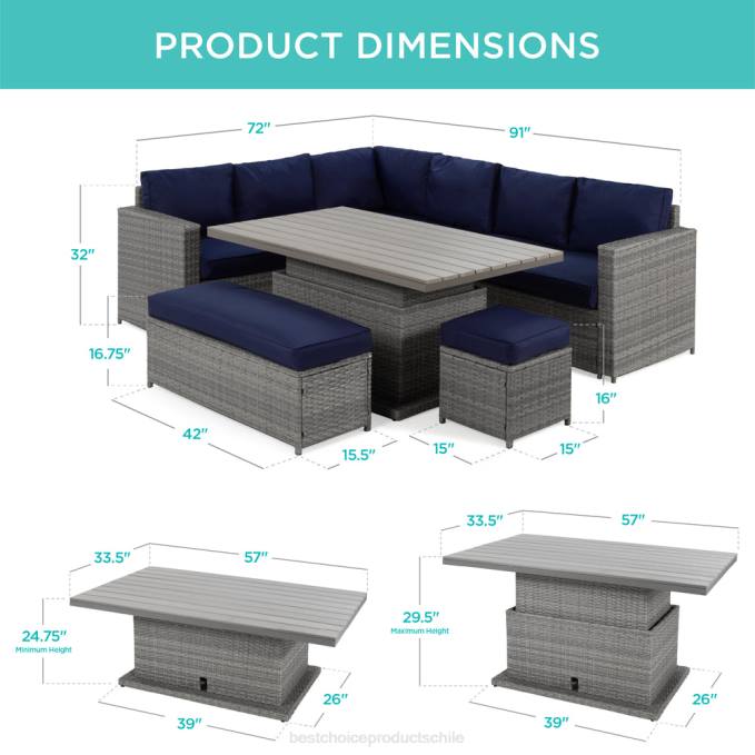 vida al aire libre | Best Choice Products Juego de muebles de jardín de mimbre de 6 piezas con mesa de comedor ajustable en altura gris/azul marino08BN428