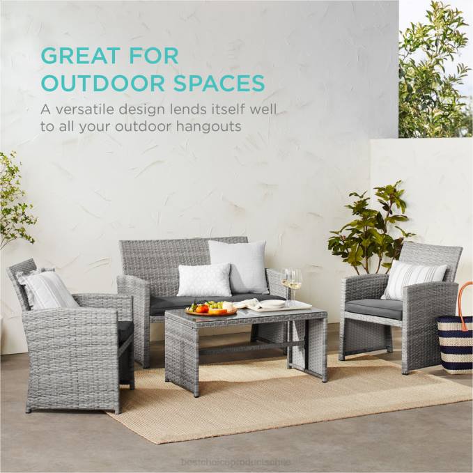 vida al aire libre | Best Choice Products Juego de patio de conversación de mimbre para exteriores de 4 piezas con 4 asientos y mesa de vidrio gris08BN1404