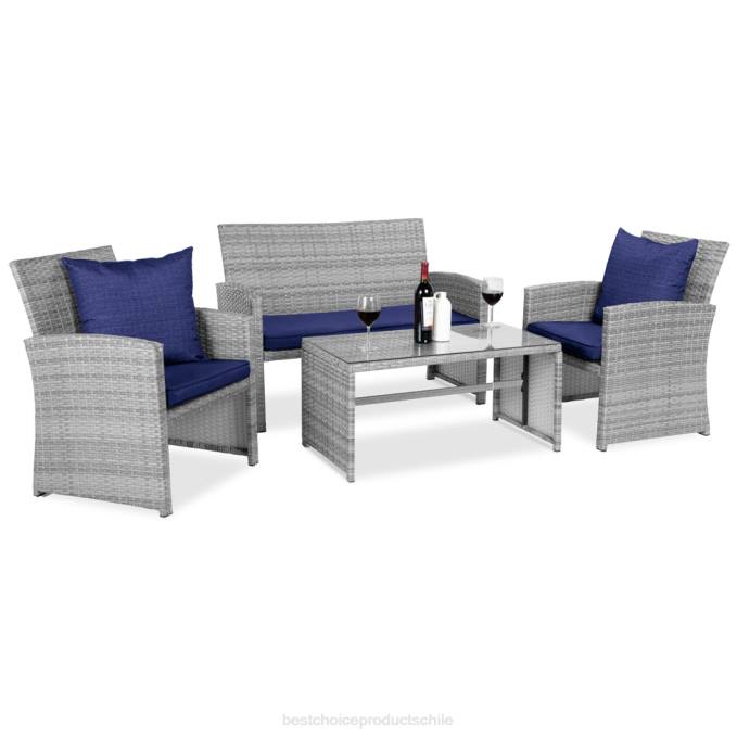 vida al aire libre | Best Choice Products Juego de patio de conversación de mimbre para exteriores de 4 piezas con 4 asientos y mesa de vidrio gris/azul marino08BN1402