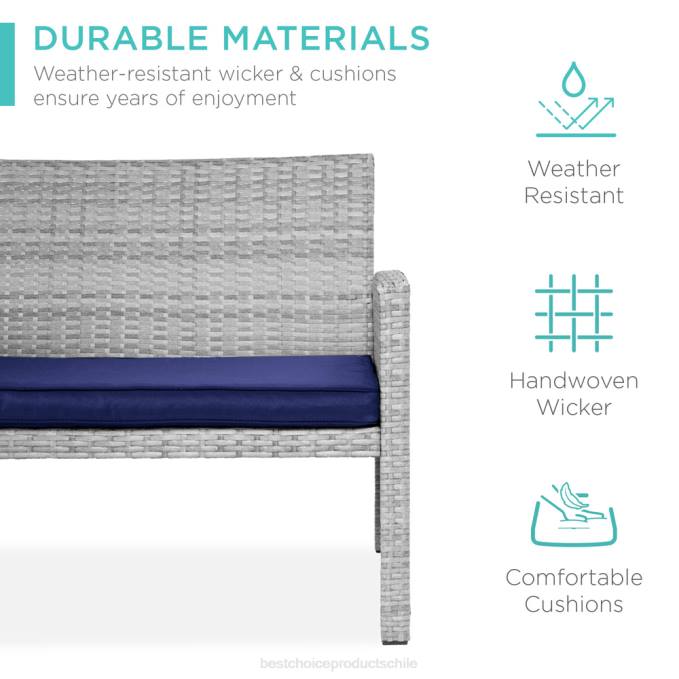 vida al aire libre | Best Choice Products Juego de patio de conversación de mimbre para exteriores de 4 piezas con 4 asientos y mesa de vidrio gris/azul marino08BN1402