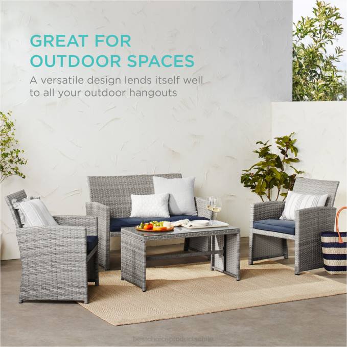 vida al aire libre | Best Choice Products Juego de patio de conversación de mimbre para exteriores de 4 piezas con 4 asientos y mesa de vidrio gris/azul marino08BN1402