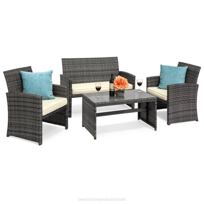 vida al aire libre | Best Choice Products Juego de patio de conversación de mimbre para exteriores de 4 piezas con 4 asientos y mesa de vidrio gris/crema08BN1399