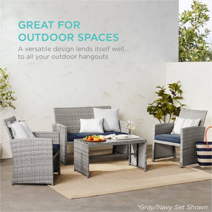vida al aire libre | Best Choice Products Juego de patio de conversación de mimbre para exteriores de 4 piezas con 4 asientos y mesa de vidrio gris/crema08BN1399