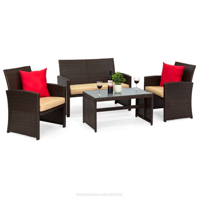 vida al aire libre | Best Choice Products Juego de patio de conversación de mimbre para exteriores de 4 piezas con 4 asientos y mesa de vidrio marrón/beige08BN1400