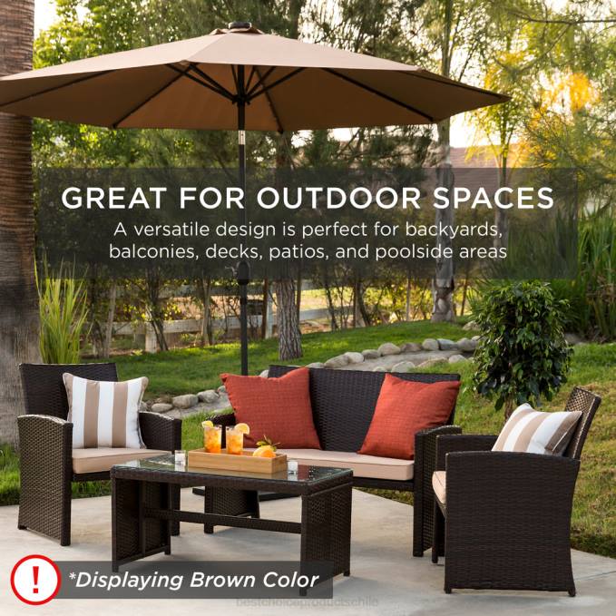 vida al aire libre | Best Choice Products Juego de patio de conversación de mimbre para exteriores de 4 piezas con 4 asientos y mesa de vidrio marrón/beige08BN1400
