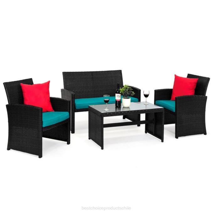 vida al aire libre | Best Choice Products Juego de patio de conversación de mimbre para exteriores de 4 piezas con 4 asientos y mesa de vidrio negro/verde azulado08BN1401