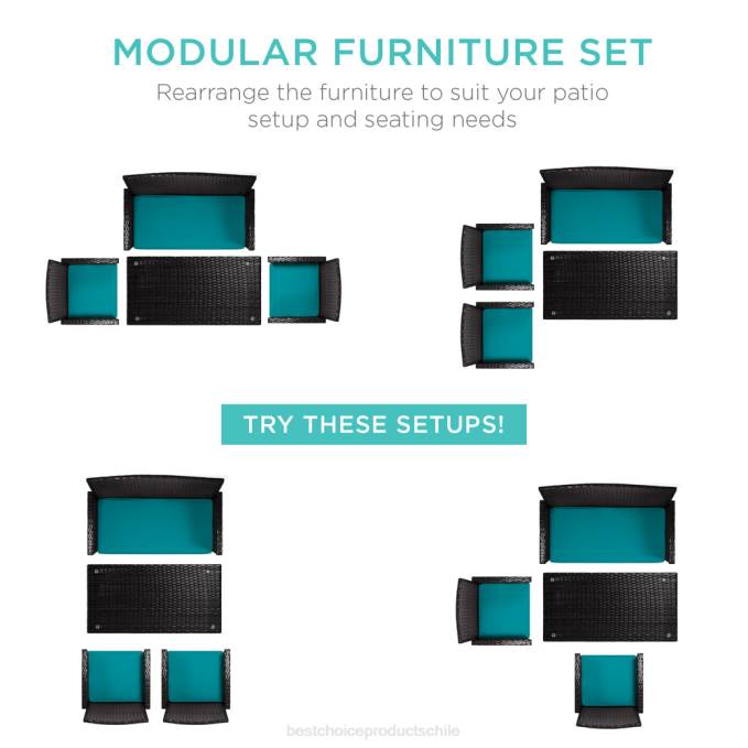 vida al aire libre | Best Choice Products Juego de patio de conversación de mimbre para exteriores de 4 piezas con 4 asientos y mesa de vidrio negro/verde azulado08BN1401
