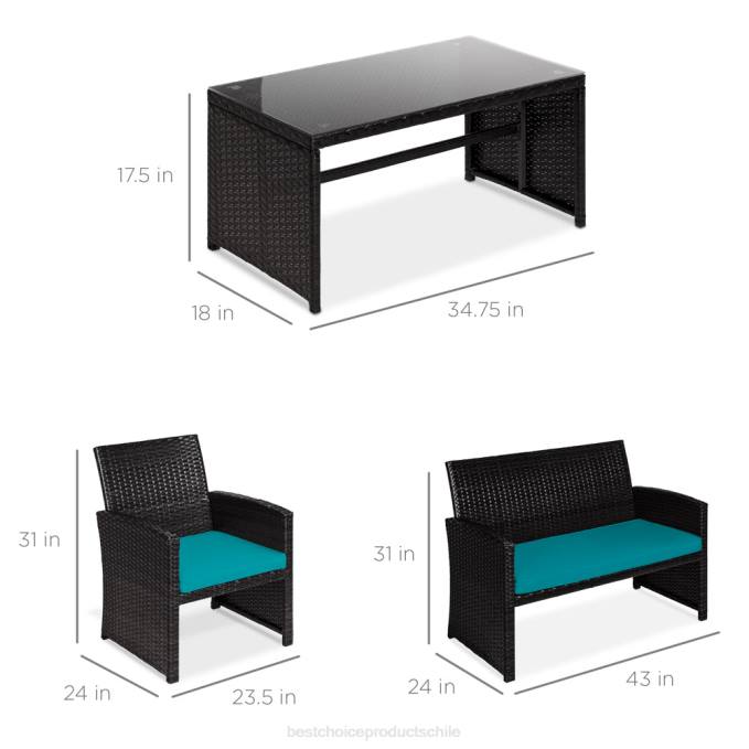 vida al aire libre | Best Choice Products Juego de patio de conversación de mimbre para exteriores de 4 piezas con 4 asientos y mesa de vidrio negro/verde azulado08BN1401
